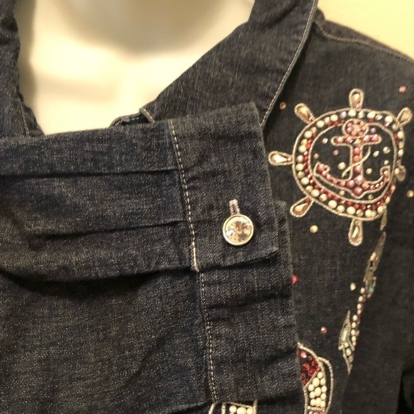 Quacker Factory Anchors Away Woven Shirt Sz. XL Denim Blue Cotton Stretch - Picture 5 of 9